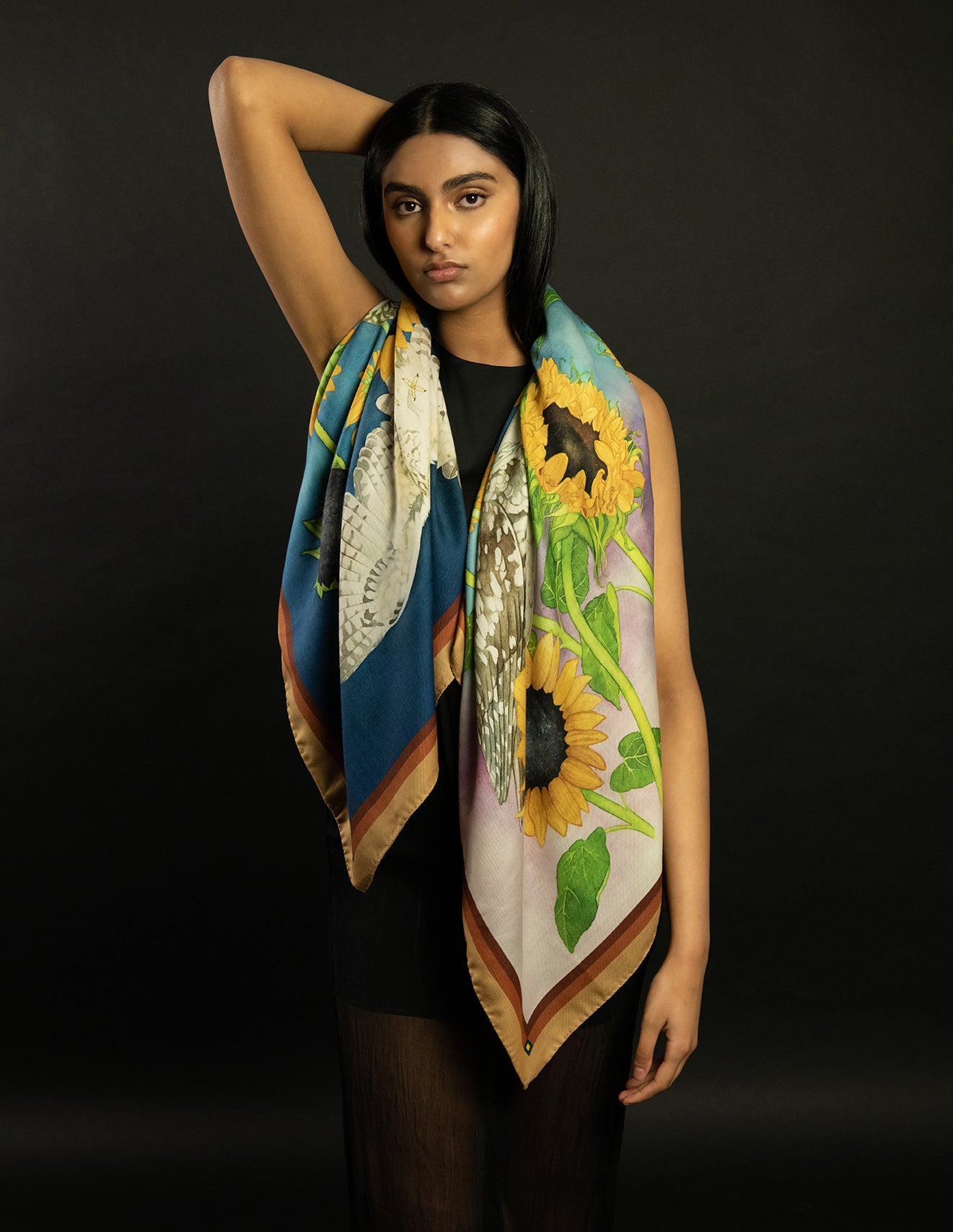 Burrowing Owls and Sunflowers Wool/Silk Blend Scarf