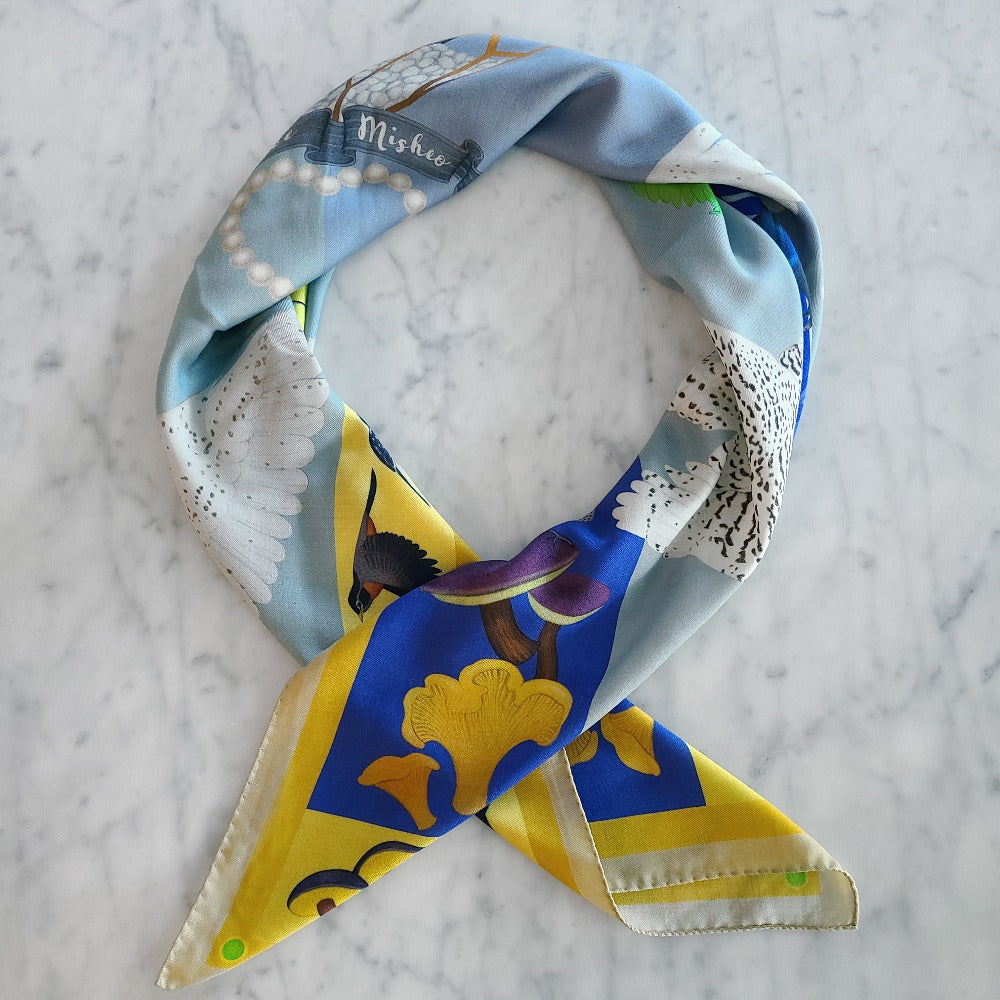Misheo Snowy Owls Blueberry Mustard Wool Silk Scarf