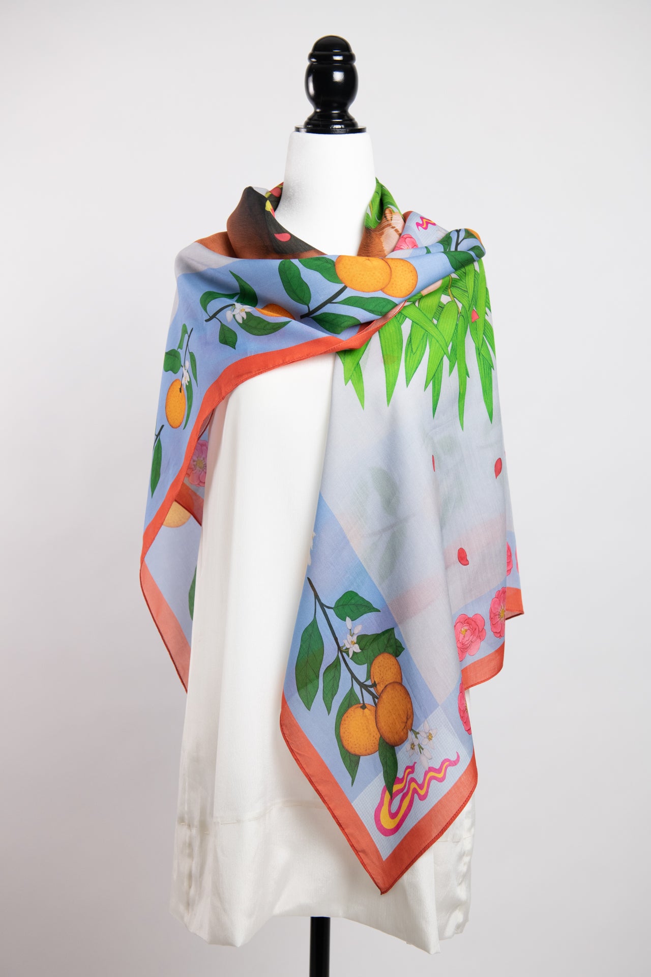 Red Pandas Citrus Terracotta Luxury Art Scarf