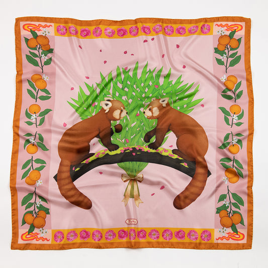 Red Pandas Citrus Blush Luxury Art Scarf