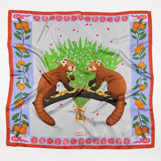 Red Pandas Citrus Terracotta Luxury Art Scarf