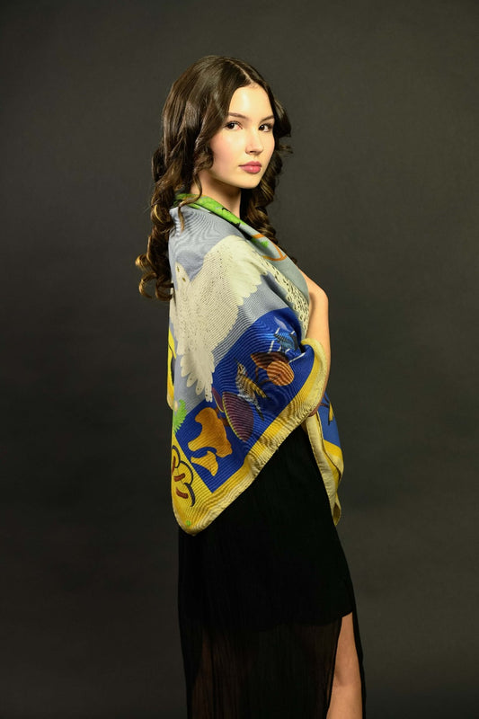 Misheo Snowy Owls Blueberry Mustard Wool Silk Scarf