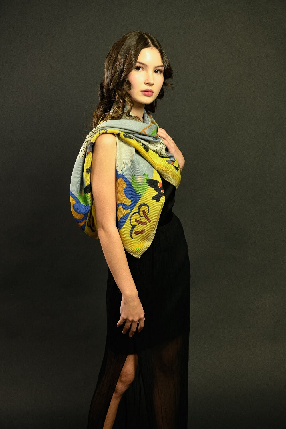 Misheo Snowy Owls Blueberry Mustard Wool Silk Scarf