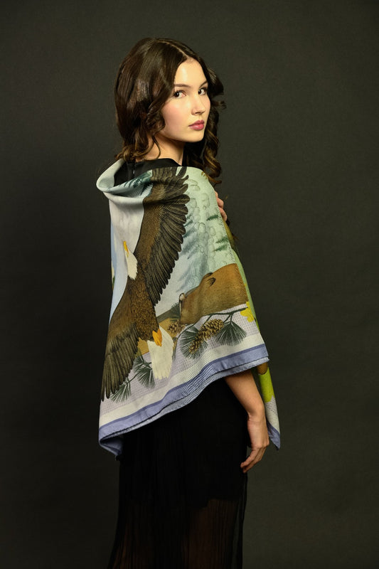 Misheo Wildlife of Pacific Northwest Lake Wool Silk Scarf