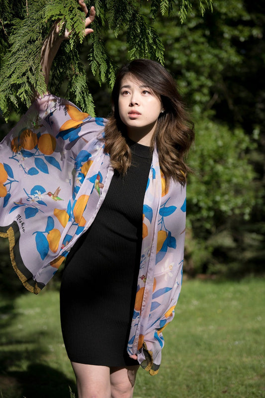 Hummingbirds and Lemons Silk Scarf Shawl
