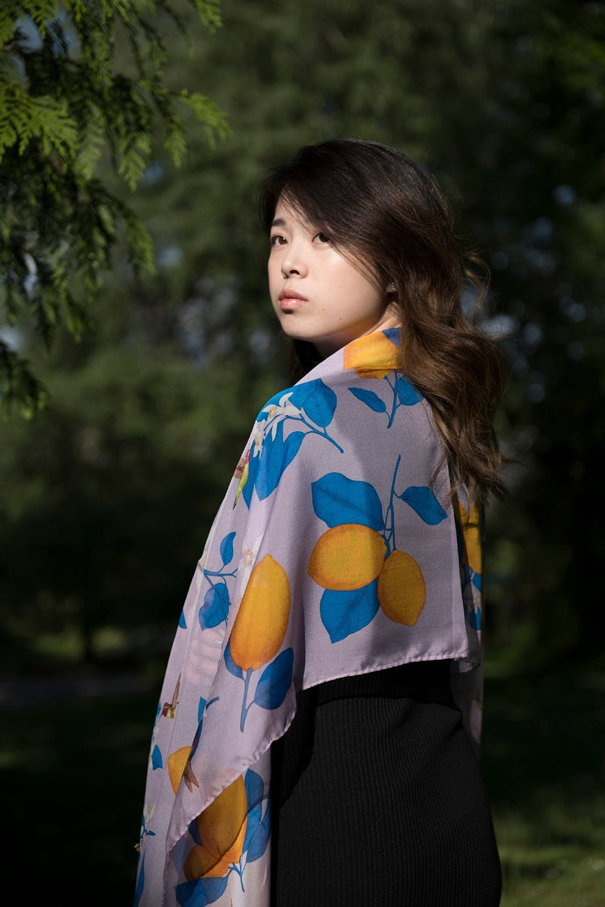 Hummingbirds and Lemons Silk Scarf Shawl