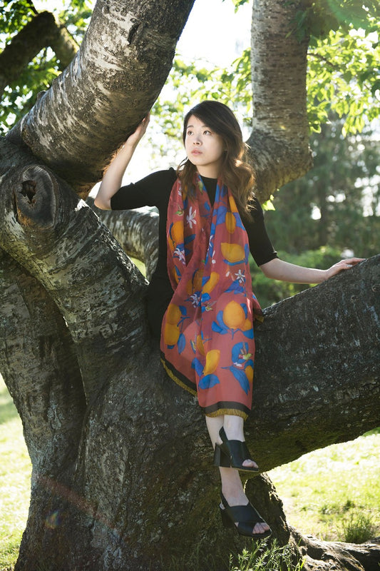 Hummingbirds and Lemons Red Silk Scarf Shawl