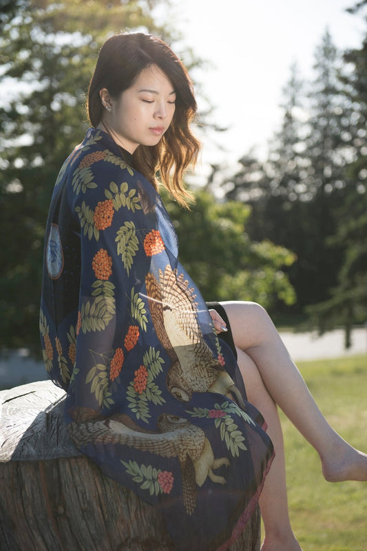 Owl and Rowan Berries Silk Scarf Shawl