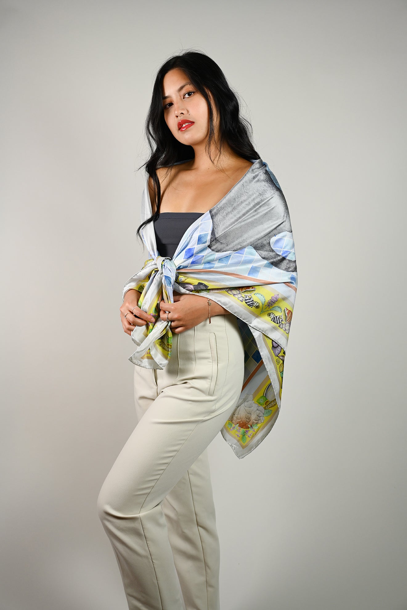 Catnip and Shells Silk Twill Scarf (Azure Blue)