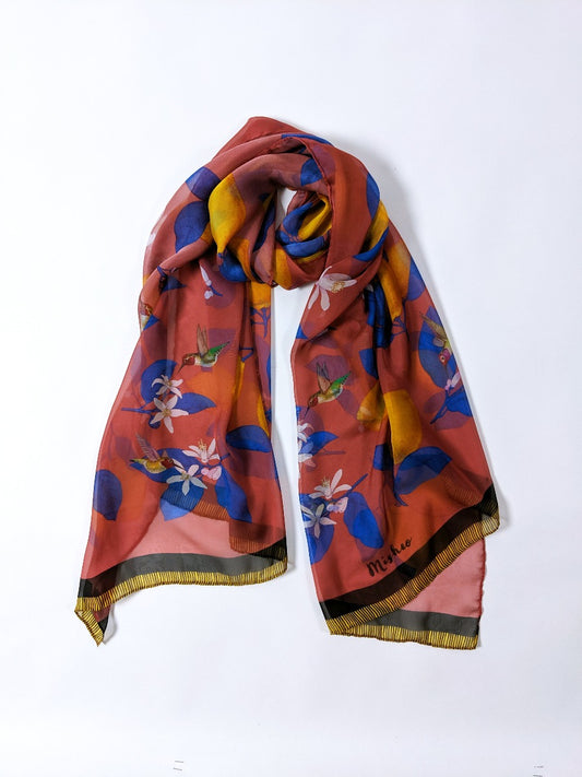 Hummingbirds and Lemons Silk Scarf Shawl Red