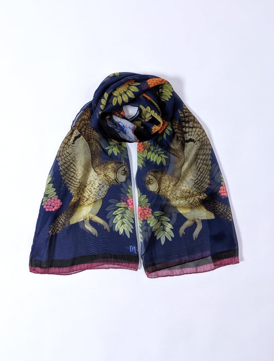 Owl and Rowan Berries Silk Scarf Shawl