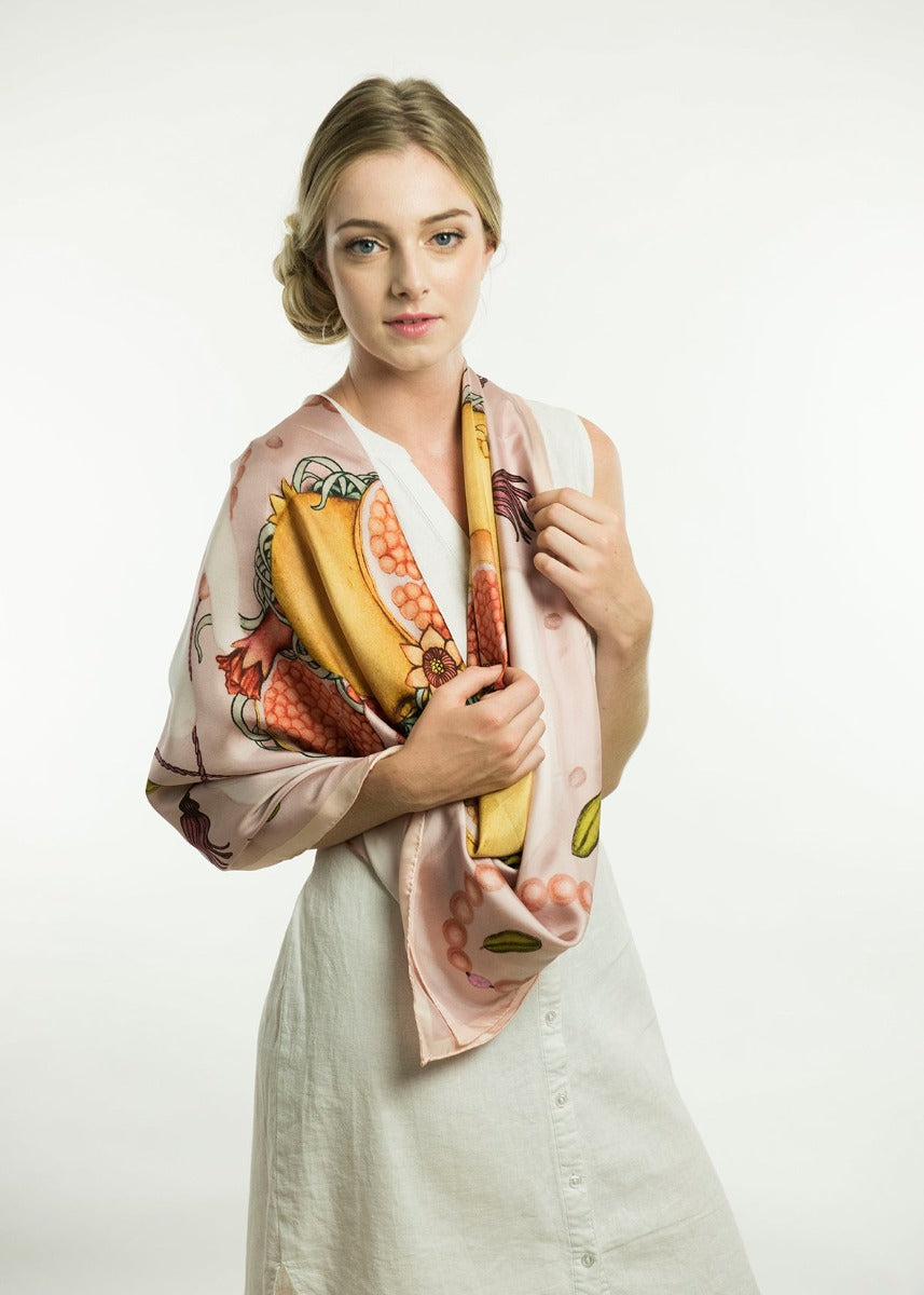 Rabbits and Pomegranate Silk Scarf 130cm