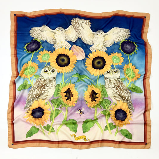 Burrowing Owls and Sunflowers Wool/Silk Blend Scarf