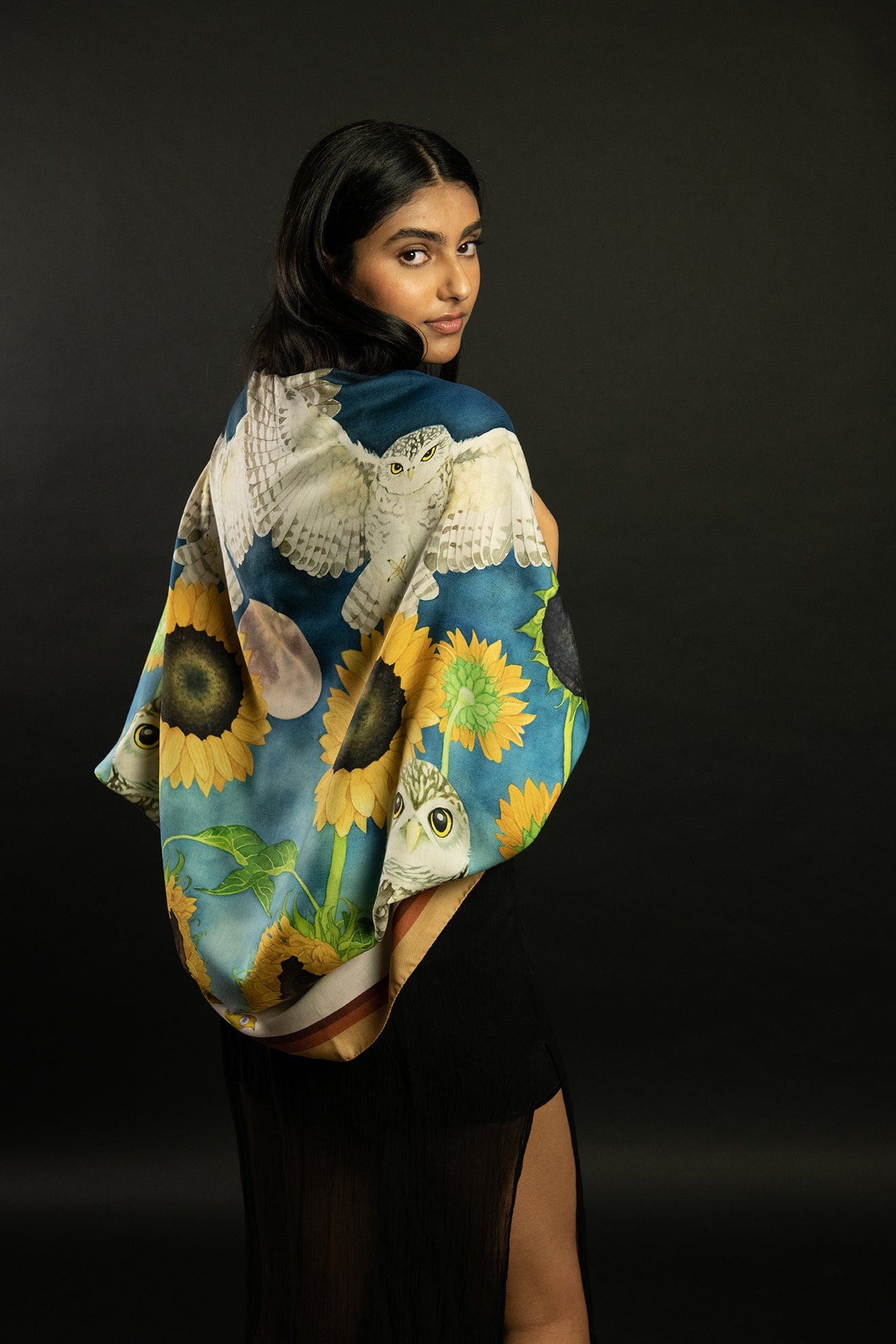 Burrowing Owls and Sunflowers Wool/Silk Blend Scarf