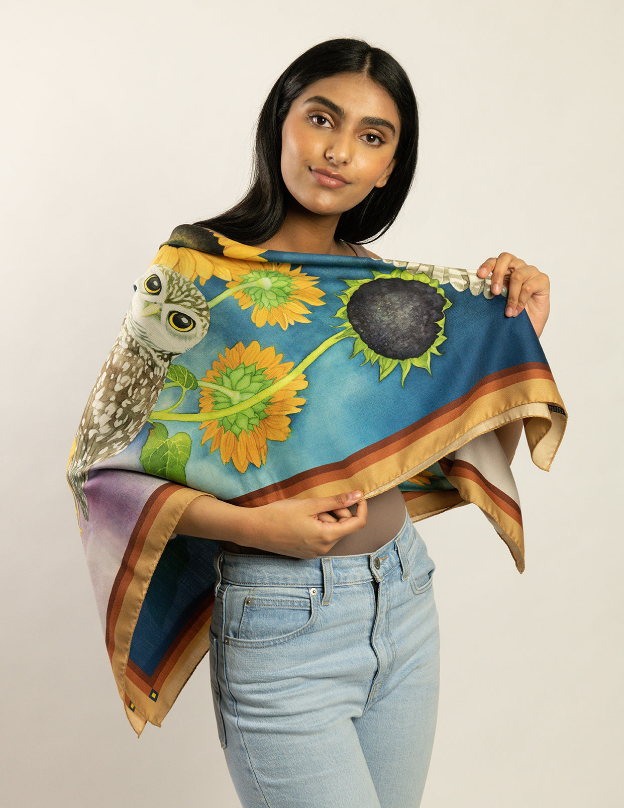 Burrowing Owls and Sunflowers Wool/Silk Blend Scarf