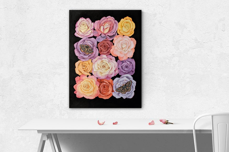 Endangered Checkerspot Butterflies and Roses Watercolor Illustration Fine Art Print Mockup