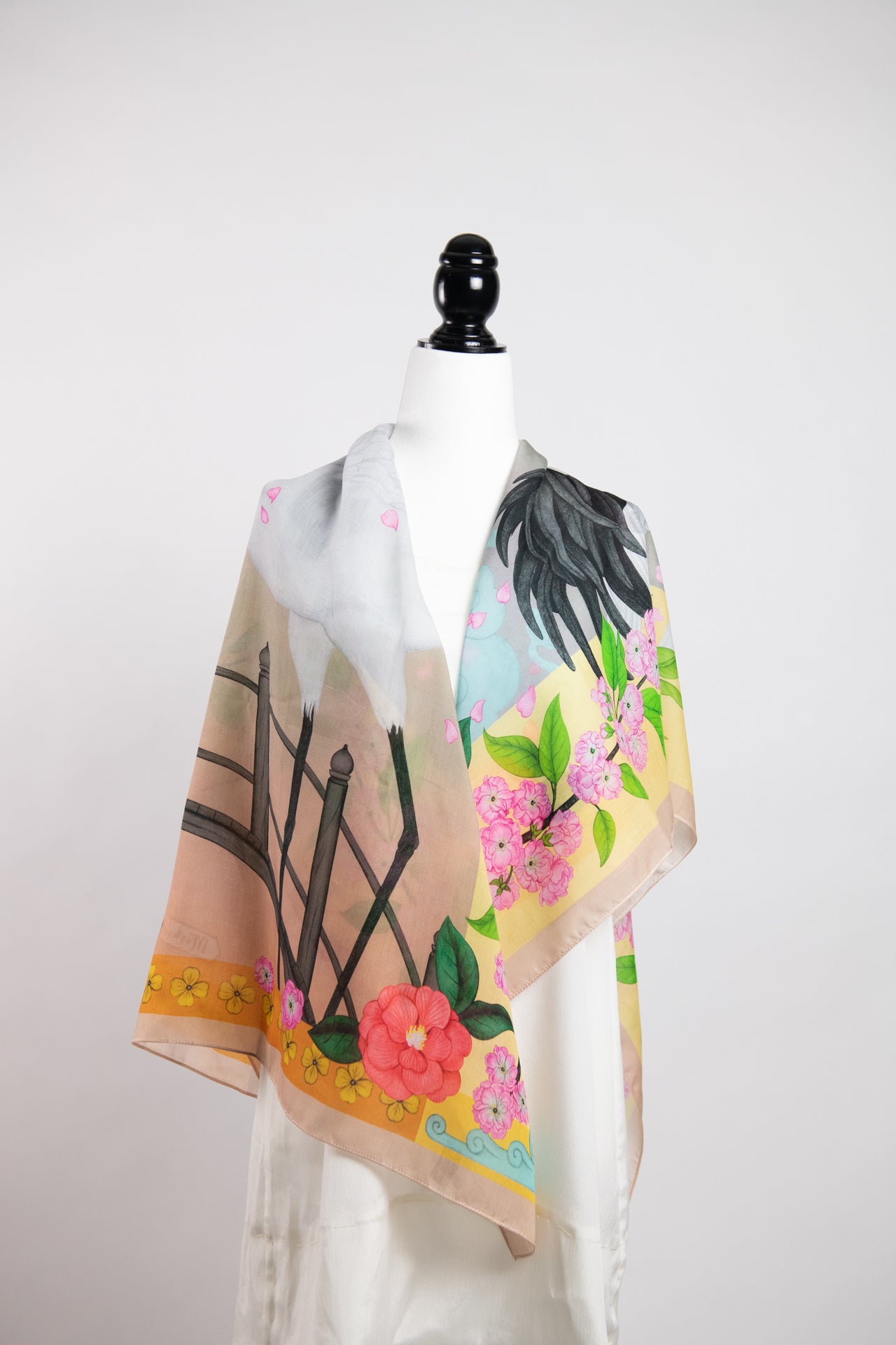 Red Crowned Cranes Cherry Lemon Scarf