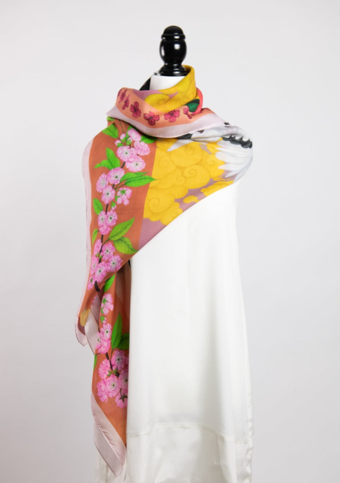 Red Crowned Cranes Cherry Terracotta Luxury Art Scarf