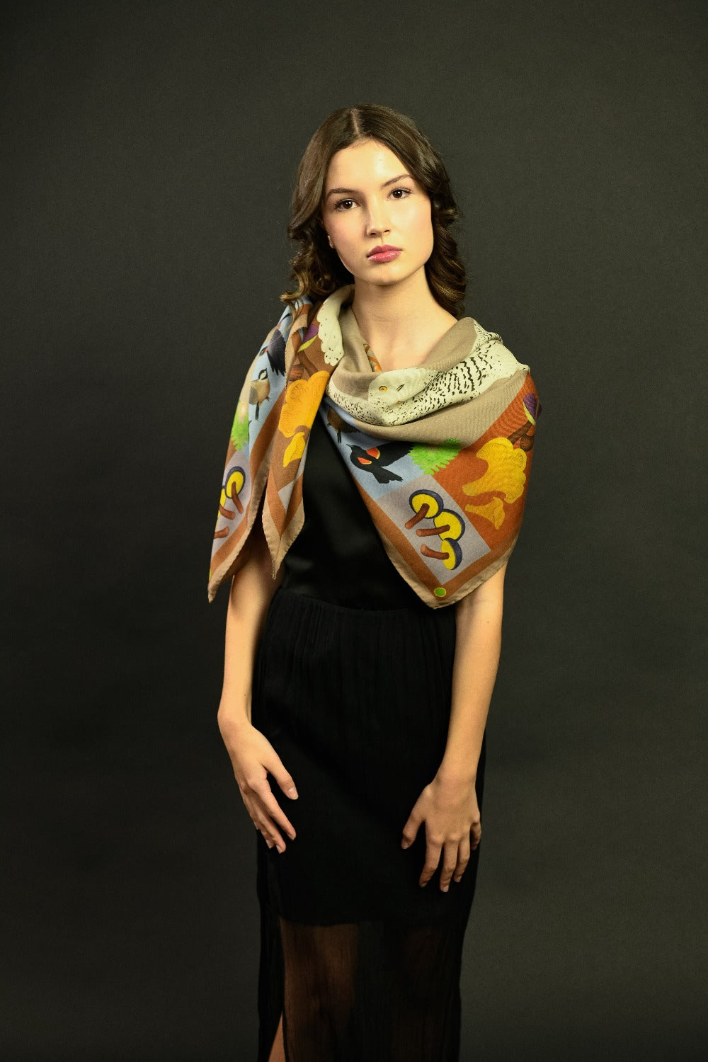 Misheo Snowy Owls Cinnamon Sky Wool Silk Scarf