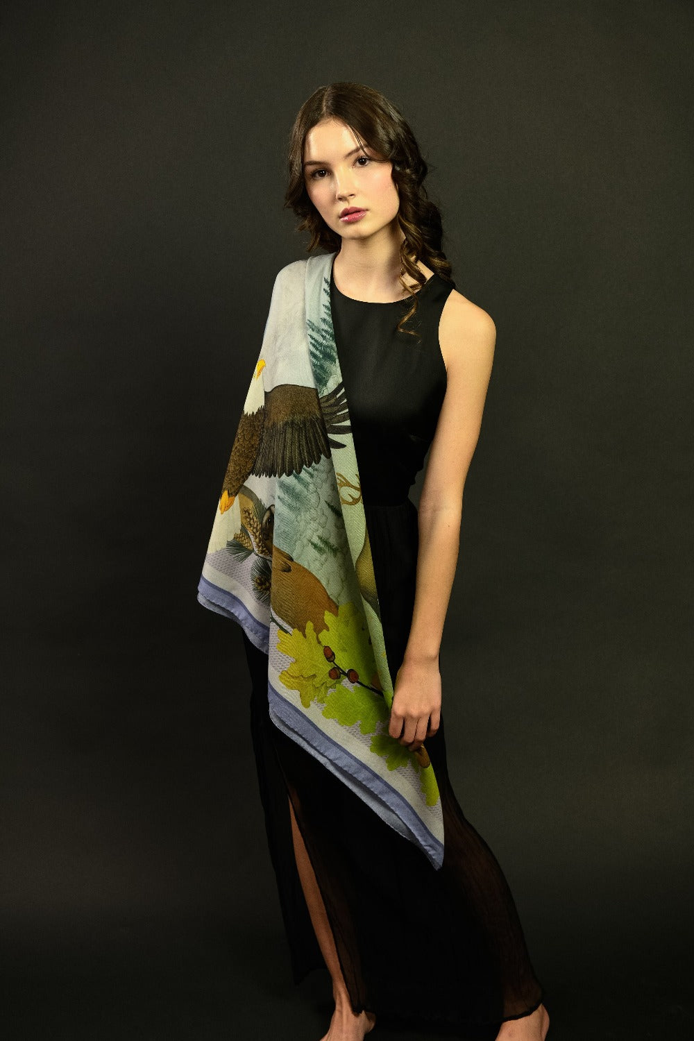 Misheo Wildlife of Pacific Northwest Lake Wool Silk Scarf