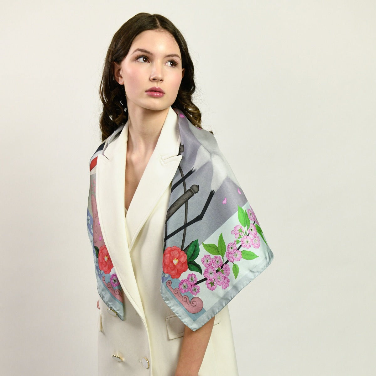 Red Crowned Cranes Cherry Sky Luxury Art Scarf