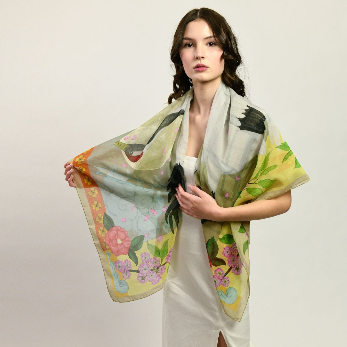 Red Crowned Cranes Cherry Lemon Scarf