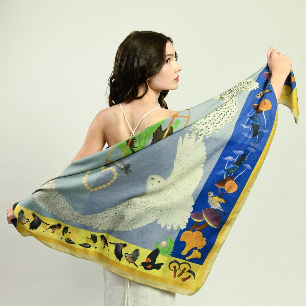 Misheo Snowy Owls Blueberry Mustard Wool Silk Scarf