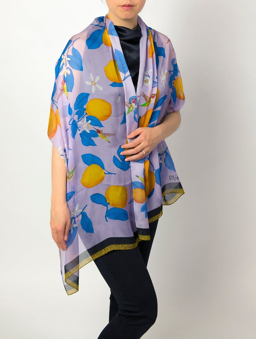 Hummingbirds and Lemons Silk Scarf Shawl