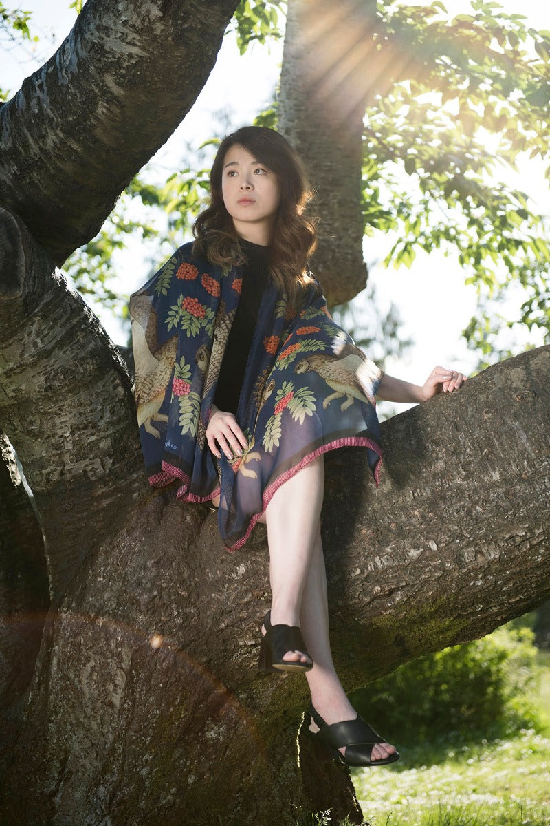 Owl and Rowan Berries Silk Scarf Shawl