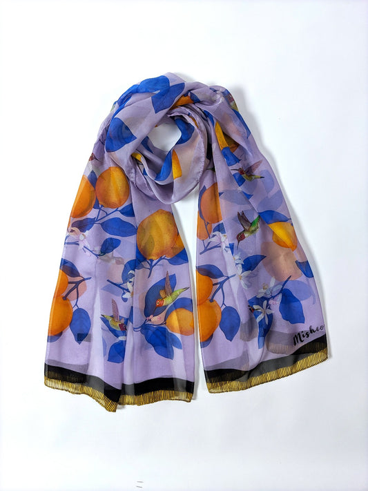 Hummingbirds and Lemons Silk Scarf Shawl