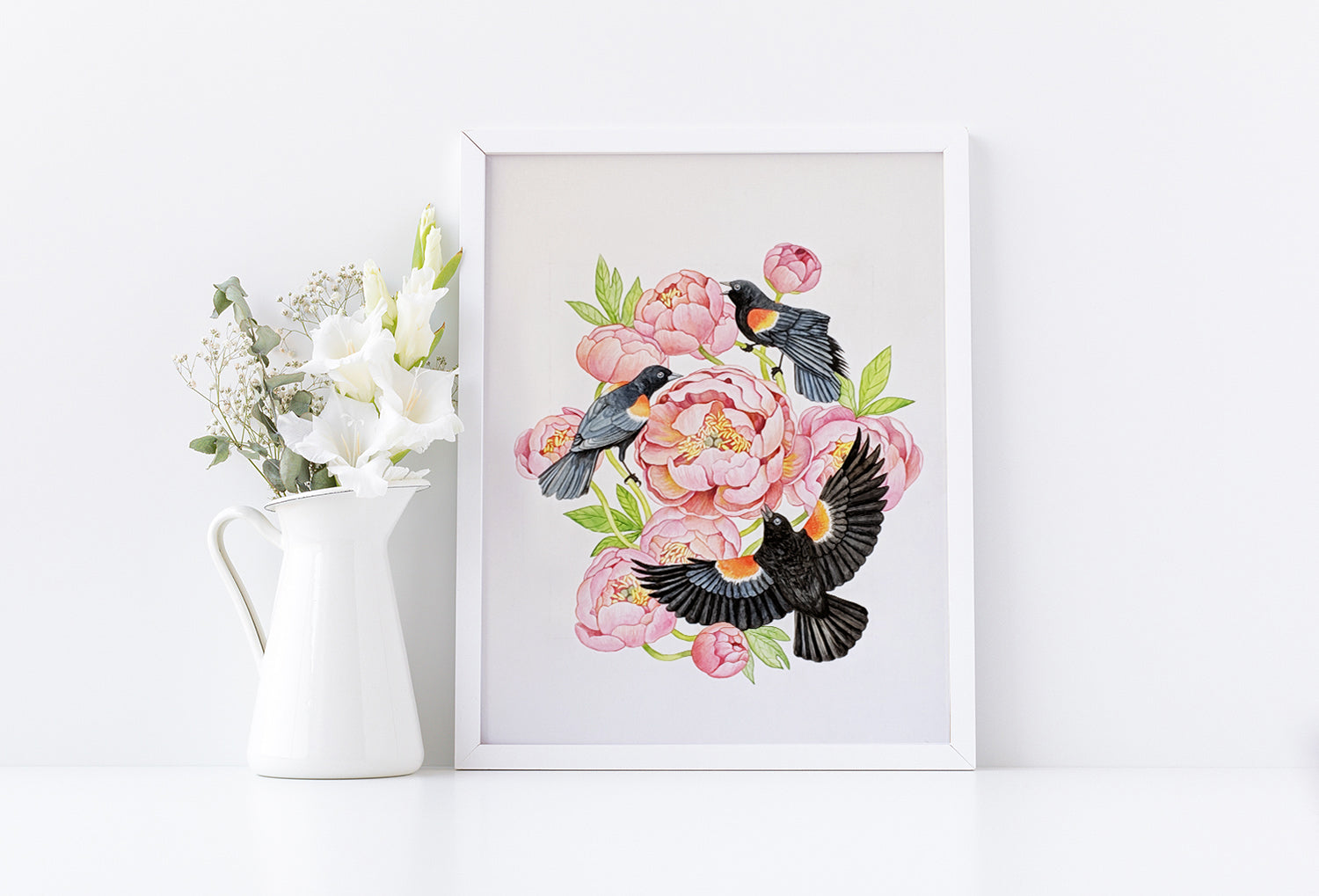 Red Winged Blackbirds and Coral Peonies Watercolor Illustration Fine Art Print Mockup